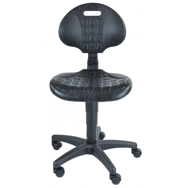 TABOURET POLYURETHANE NOIR, ACIER ROULETTES, REPOSE PIEDS - La